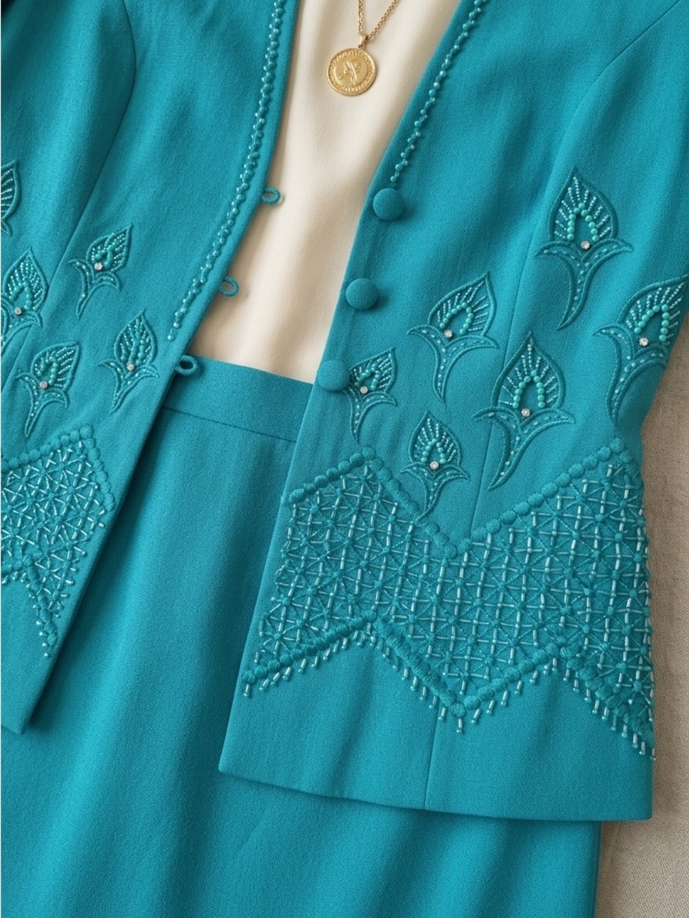 Teal Embellished Skirt Suit Set - Picture 4 of 13
